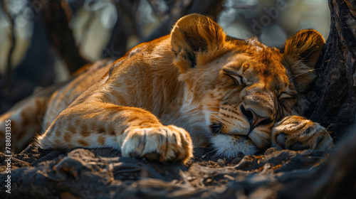 lion sleeping in wild