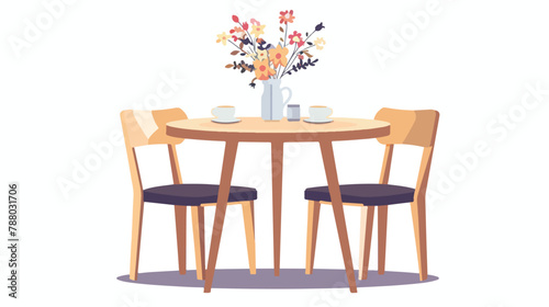 Modern chairs at wooden round table with flower bouquet
