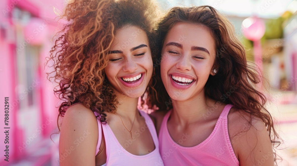 Fototapeta premium Two women in pink shirts smiling at each other, AI