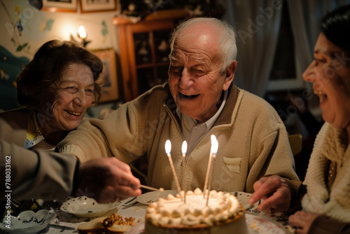 An elderly man blows out the candles on a cake. Celebrating a birthday with family. AI generative