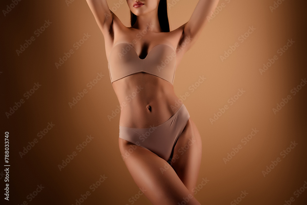 Naklejka premium Cropped photo of attractive girl wear lingerie with slim body feel tenderness isolated pastel color background
