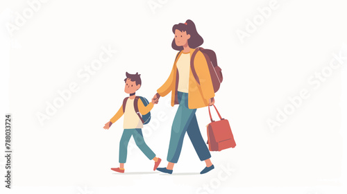 Mother leading her son to school. Portrait of modern