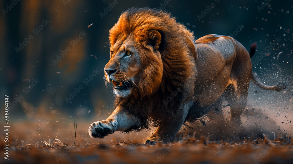 Naklejka premium lion running in the wild