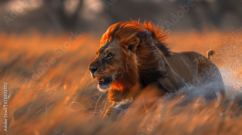 lion running in the wild