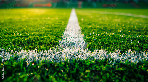 A field for playing football. White lines marking the boundaries of the soccer field on green grass close up, selective focus close up with space for text or inscriptions  © Enrique