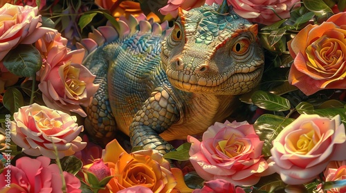 A chubby dinosaur playfully nestling among a patch of vividly colored roses, its scales contrasting with the delicate petals