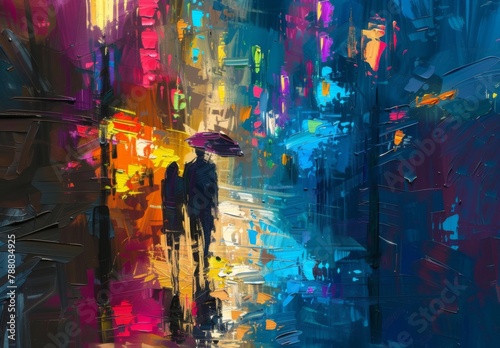 Abstract colorful painting of a night street with people, in the style of impressionism, with a dark and mysterious mood, high resolution