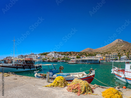 Boats mooring in a marina  Elounda  Crete  Greece 