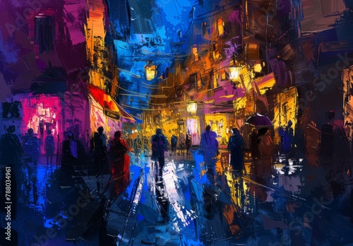 Abstract colorful painting of a night street with people, in the style of impressionism, with a dark and mysterious mood, high resolution © wanna