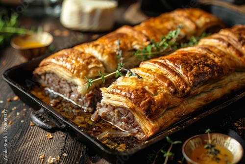 French pate en croute with goose meat liver and quince cheese on a modern cast iron tray
