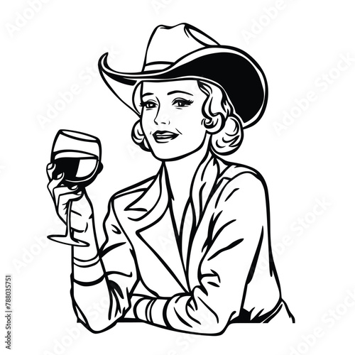 vintage retro line drawing of a lady wearing a stylish cowboy hat and holding a wine glass