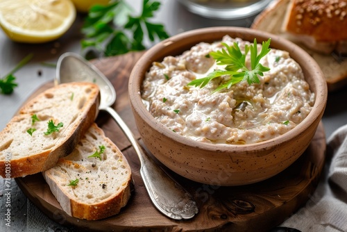 Fresh fish pate with bread and spoon next to round loaf