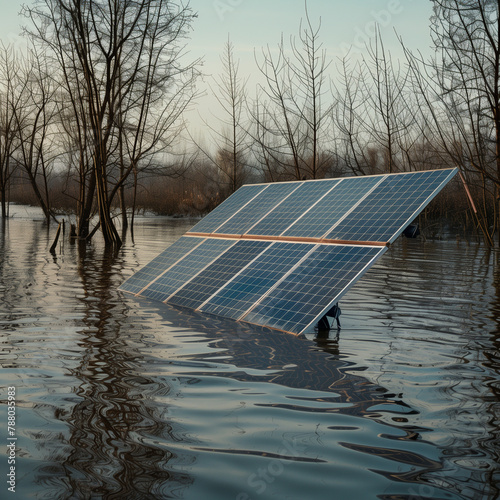 Solar power panels outdoors in a flooded field due to high rainfall climate crisis photo