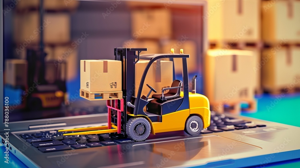 A forklift moves a pallet with a box carton atop a laptop depicting global e-commerce and supply chain scenarios