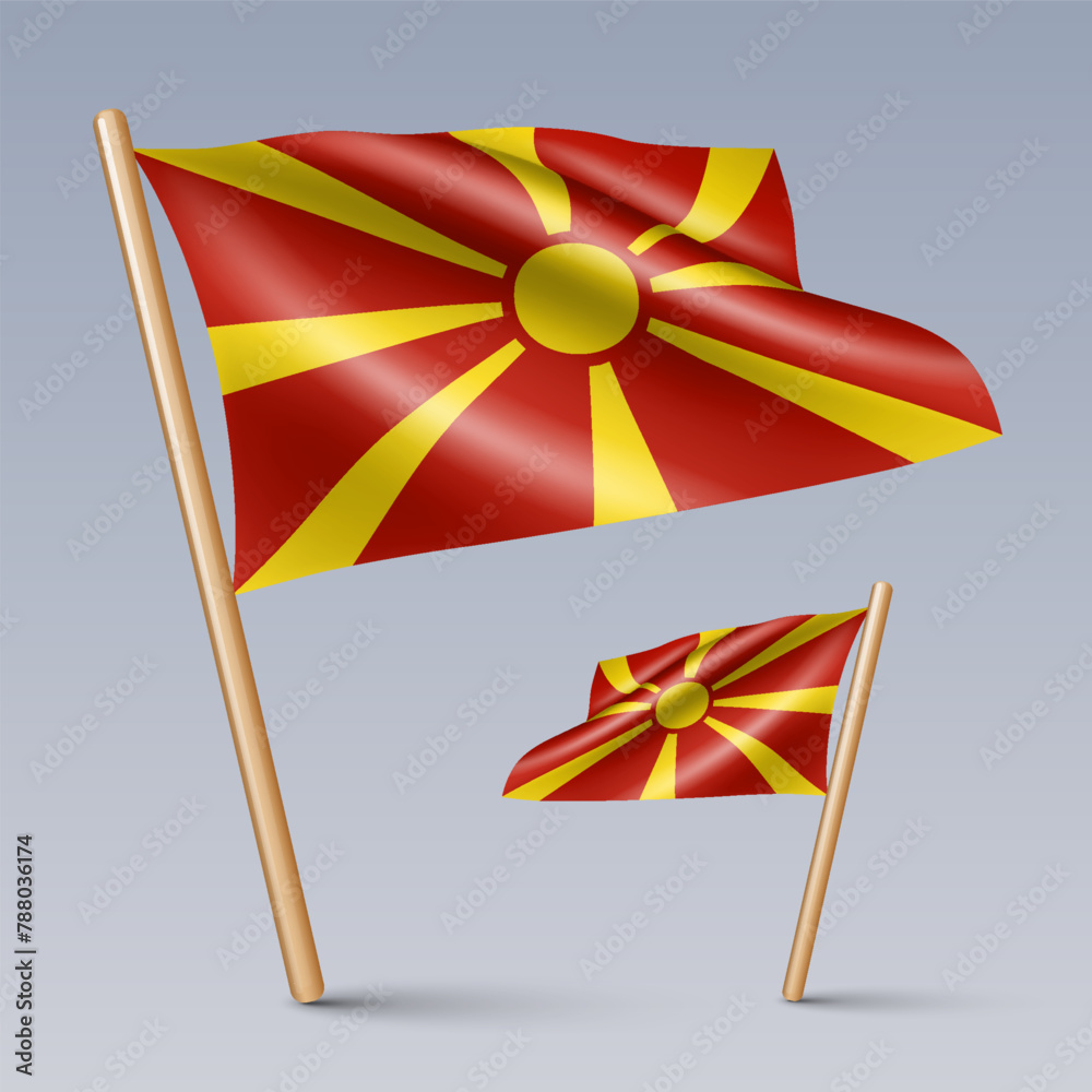 Vector illustration of two 3D-style flag icons of North Macedonia isolated on light background. Created using gradient meshes, EPS 10 vector design elements from world collection