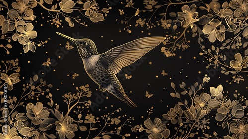 Opulent art illustration showing a hummingbird midflight among woodland trees, beautifully crafted in golden lines on a luxurious canvas photo