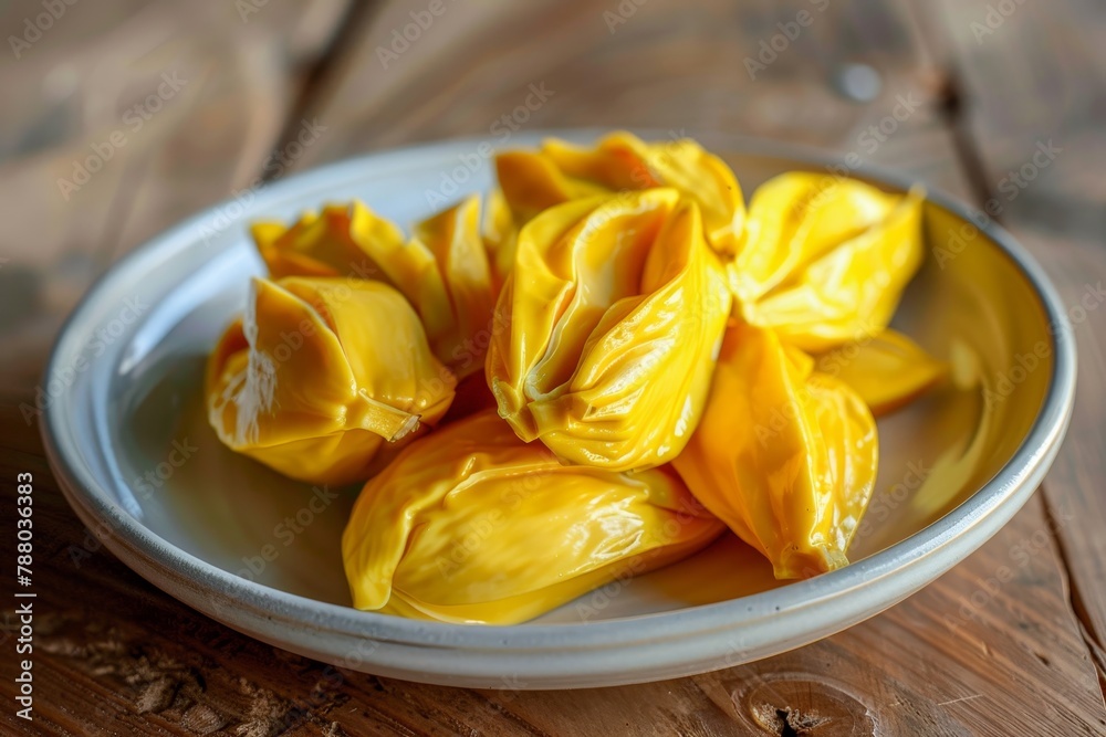Fresh jackfruit on white plate on wooden table for fruit meat substitute idea Fresh jackfruit on white plate on wooden table for fruit meat substitute idea