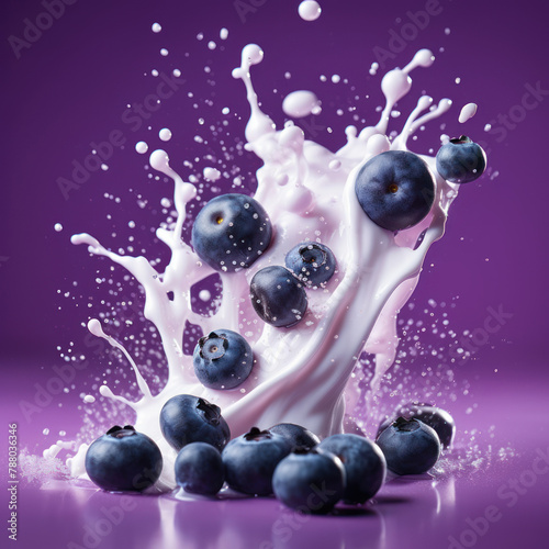 Blueberry Bliss: Yogurt Splash Against Purple