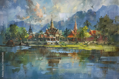 An ancient town unfolds in a stunning Thai painting  its temples and bustling streets rendered in a vibrant tapestry of colors and intricate lines.