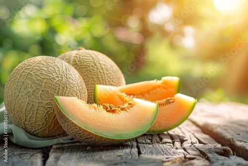 Fresh honeydew melons on wooden table with garden background Popular summer fruit Health and wellness concept photo