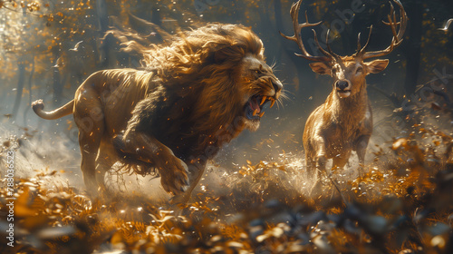 lion hunting deer in wild