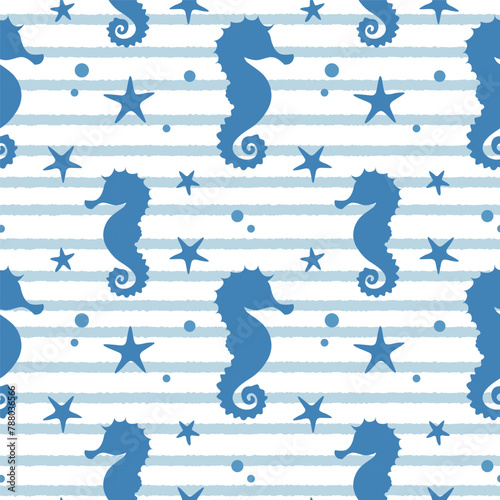 Marine pattern with a silhouette of a seahorse and starfish, blue stripes on a white background. Summer background for textile design, wrapping paper, wallpaper. Vector illustration, flat