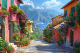 Beautiful colorful Italian coastal town with sea and mountains in the background. Created with Ai