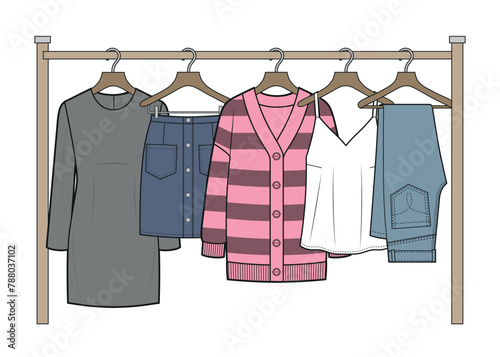 Woman's casual clothes on hangers, vector art