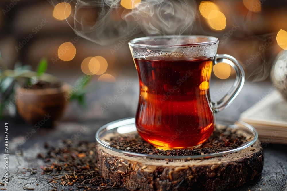 Freshly brewed hot Turkish tea in a glass