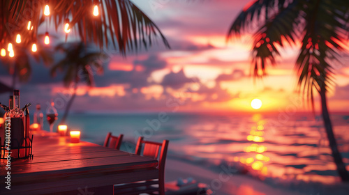 Experience the enchanting ambiance of a beach bar backdrop as the sun gracefully sets on the horizon