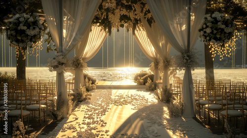an elegantly arranged outdoor wedding venue at sunset, adorned with white drapery and floral arrangements photo