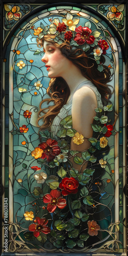 Generative ai illustration of a woman surrounded by flowers in the style of art nouveau