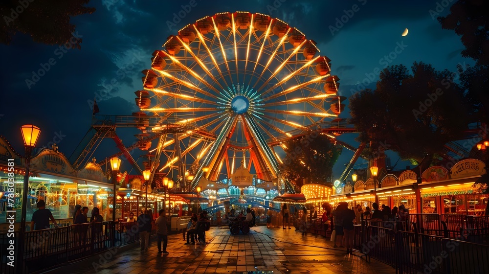 Enchanted Evening at the Carnival: Lights, Laughter & Rides. Concept Carnival Night, Festive Atmosphere, Fun & Excitement