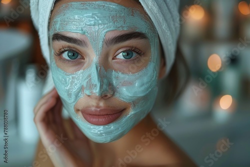 Attractive young woman applying a green facial mask, promoting beauty and self-care routines