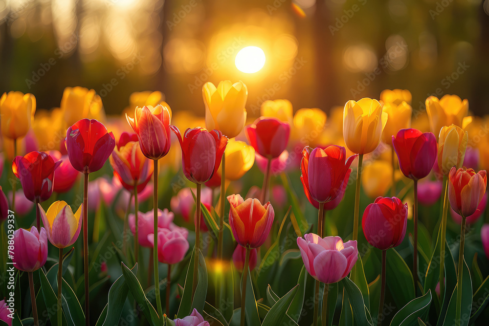 Sunset, tulips blooming in the park, real photography. Created with Ai