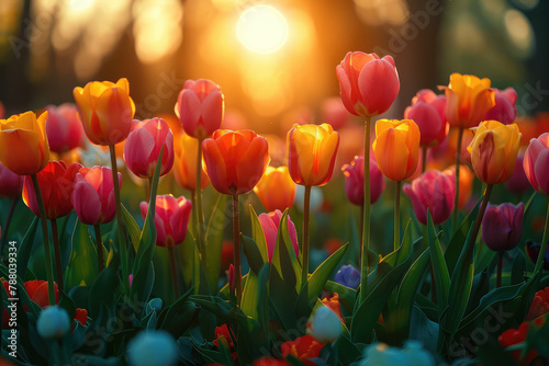 A field of tulips in full bloom  bathed in the golden glow of sunset. The vibrant colors and intricate details of each flower create an enchanting scene. Created with Ai