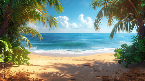 Secluded tropical beach paradise with palm shadows. A serene beachscape with palm trees, clear blue sky, and pristine waves gently lapping the shore photo