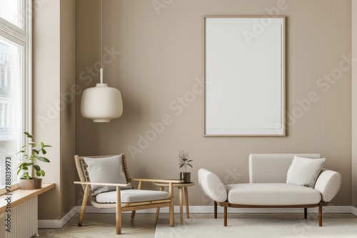 Beige Scandinavian Interior with Poster Mockup created with Generative AI