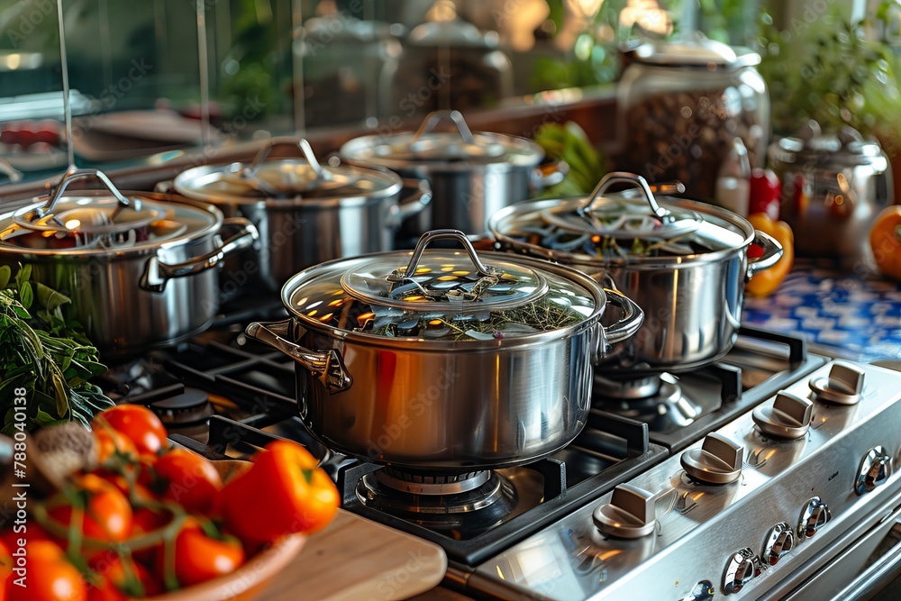 Several high-quality shiny cooking pots arranged on a stainless steel gas stove with herbs in the background