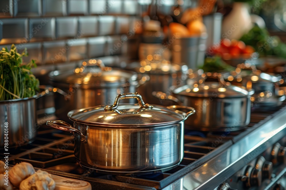 A set of shiny stainless steel pots and pans arranged neatly on a kitchen stove with garlic in the foreground A set of shiny stainless steel pots and pans arranged neatly on a kitchen stove with garlic in the foreground