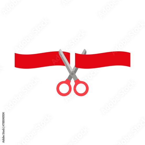 Scissors cutting ribbon. Shears cut a long red tape. Colored vector illustration.