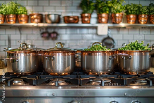 Beautiful copper cooking pots with fresh green herbs ready for use on a kitchen stove