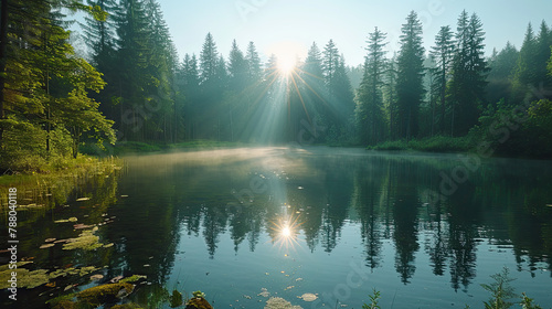Beautiful nature scene of Plituhlz Zen, serene lake surrounded by lush greenery, sunlight filtering through the trees creating soft shadows on water's surface. Created with Ai