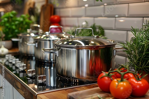 Modern shiny stainless steel cooking pots on a kitchen countertop with tomatoes and herbs