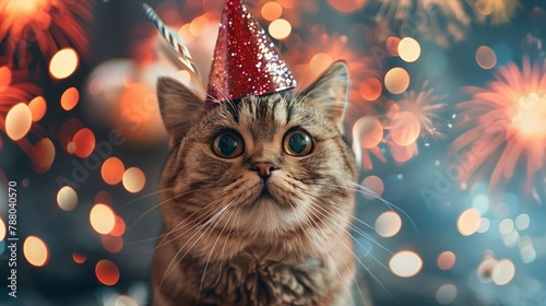 A festive cat wearing a sparkly party hat, celebrating the New Year with a vivid fireworks display in the background.