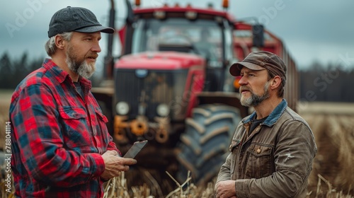 Two mature men, an agronomist and a salesman, engaging in a serious discussion beside a modern tractor in a rural farmland setting.