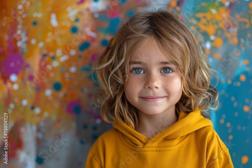 A joyful kid with curly hair stands smiling in front of a bright, colorful abstract background