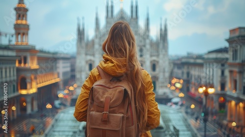 Back view of a female traveler with long hair, wearing a yellow jacket, as she looks over a bustling historic cityscape in Barcelona illuminated by the warm glow of streetlights at dusk. photo