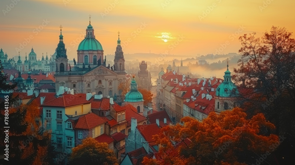 Breathtaking sunrise view over a historic European cityscape adorned with vibrant autumn foliage. The skyline features iconic domed cathedrals and traditional architecture under a misty sky.