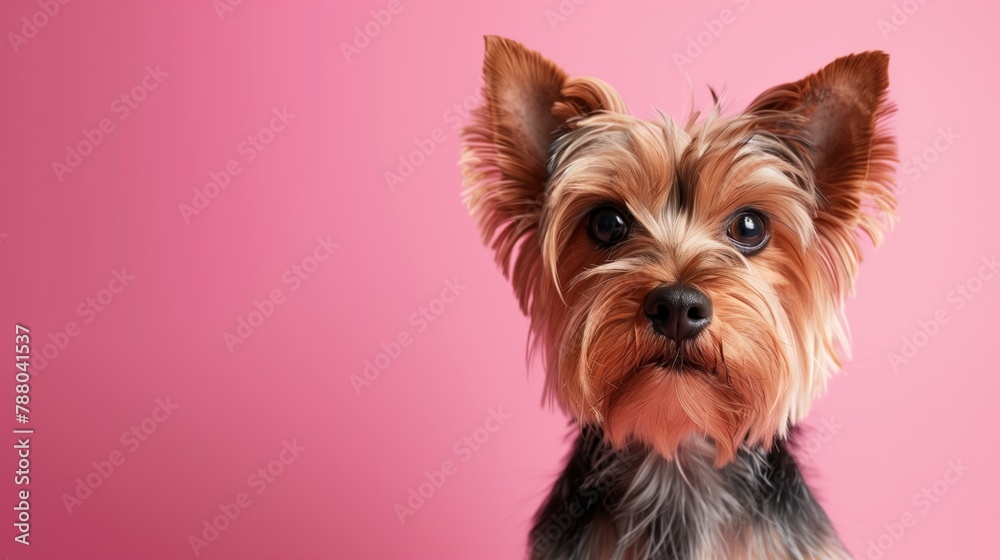 A small Yorkshire Terrier dog with a charming expression on a pink background. A small Yorkshire Terrier dog with a charming expression on a pink background.